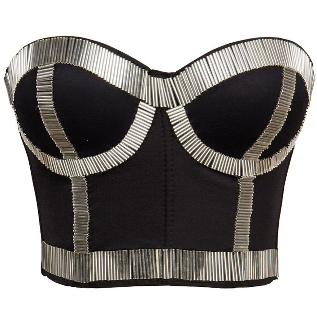 2941 Sequins Punk Goth Bra Corset Top Party Crop Top 966-Blacksilver-M